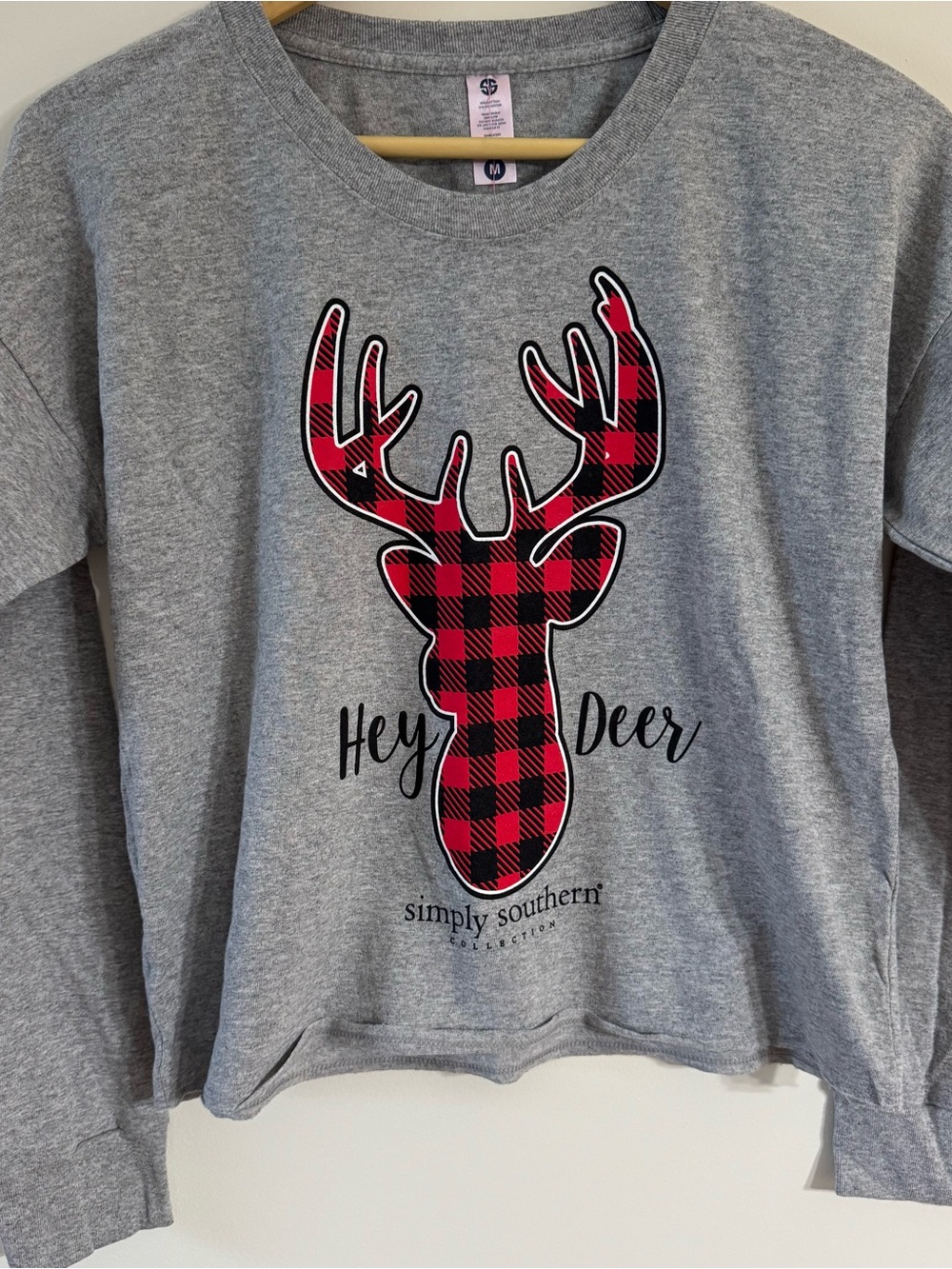 Simply Southern Hey Deer Long Sleeve Crop Top Medium Buffalo Plaid